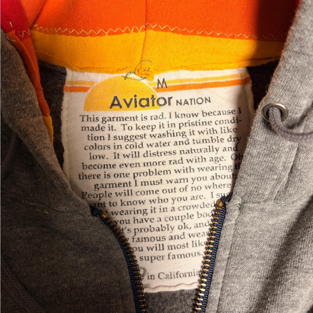 Aviator Nation Gray Zip-Up Hoodie with Colorful Sleeve Stripes - Picture 3 of 3